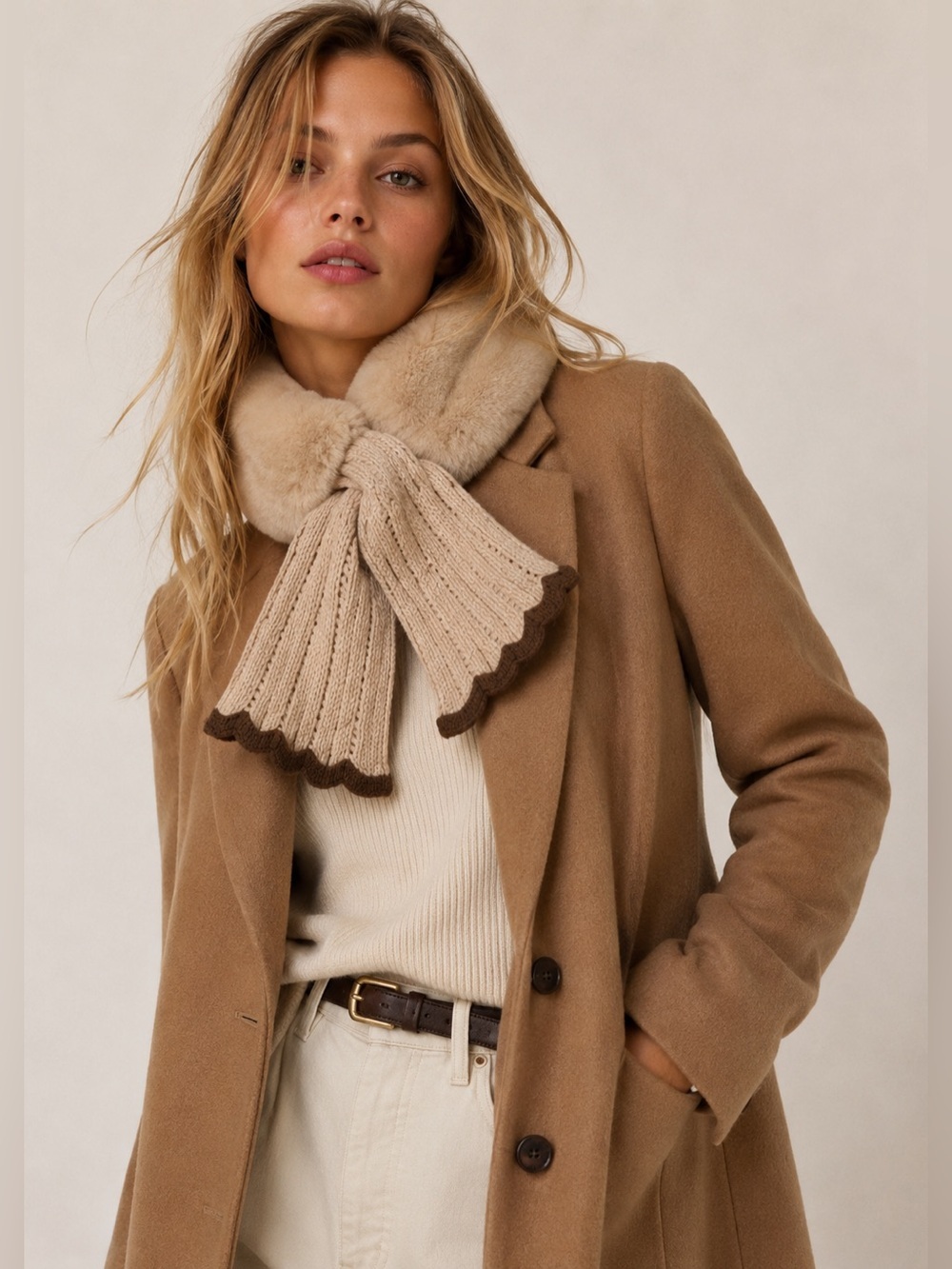 NWOT Beige Brown Faux Fur Knit Scarf Collar Neck Warmer